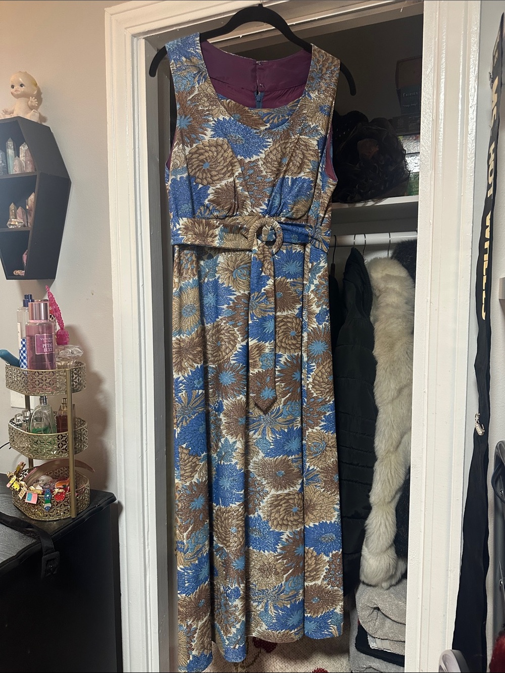 Vintage 70’s Sparkle Blue & Brown Floral Belted Dress Maxi Dress